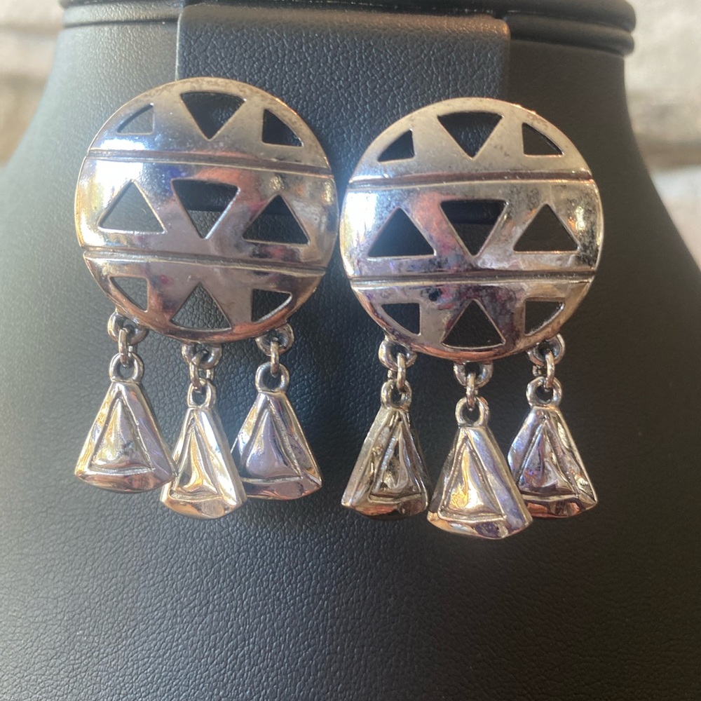 Silver Earrings Drop Dangle Geometric Round Ca 80’s 90’s Pierced Signed